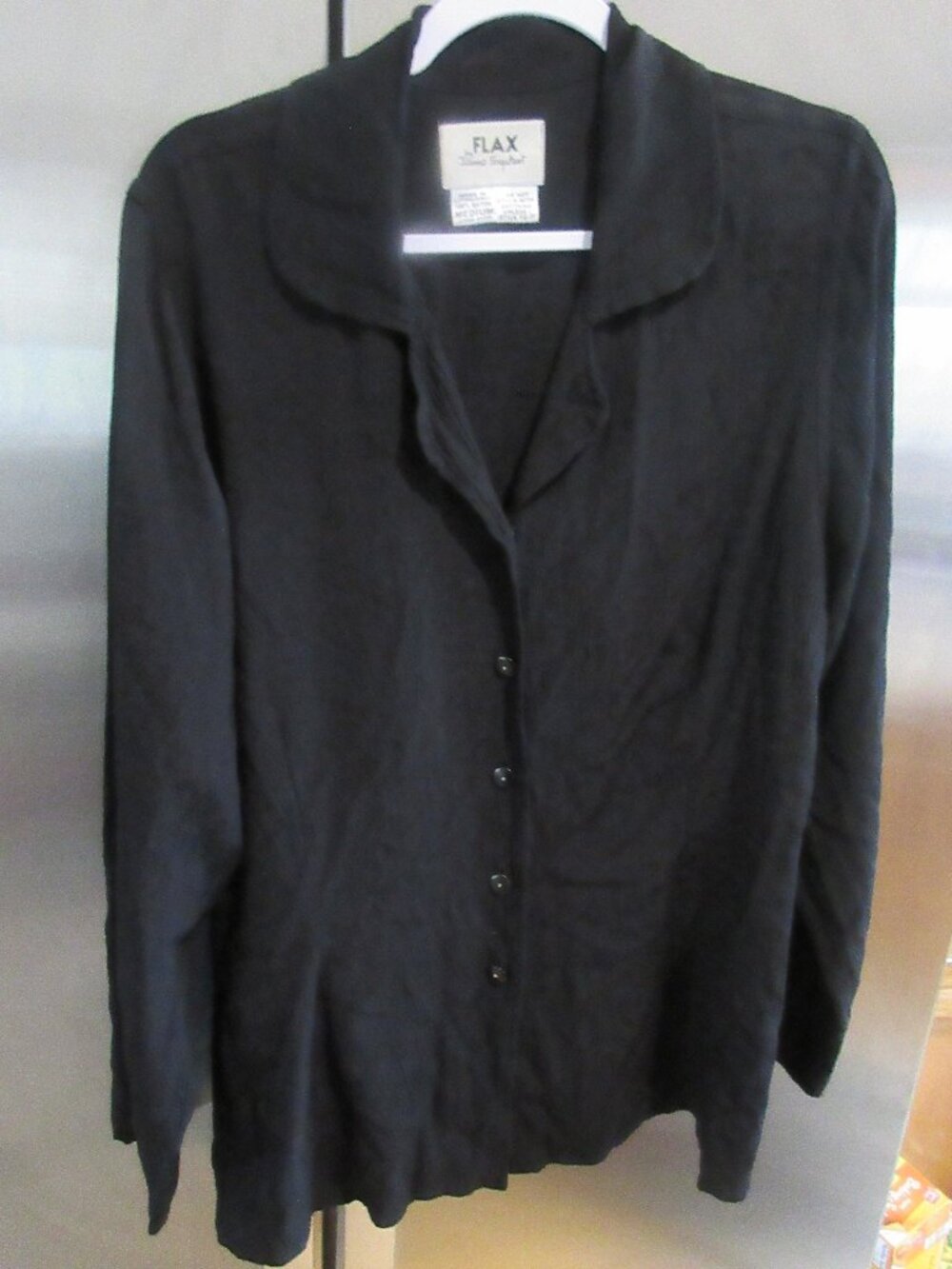 Flax black  button down front long sleeve blouse  100% rayon m oversized